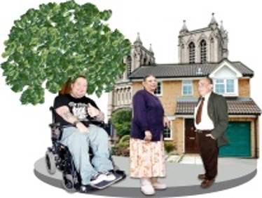 Three people outside a house