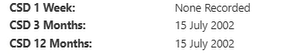 Screenshot of how continuous service dates in ESR will appear by the CSD 1 week, 3 months, 12 months section
