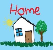 A drawing of a house with a tree and the sun. The word Home is written in red above it.