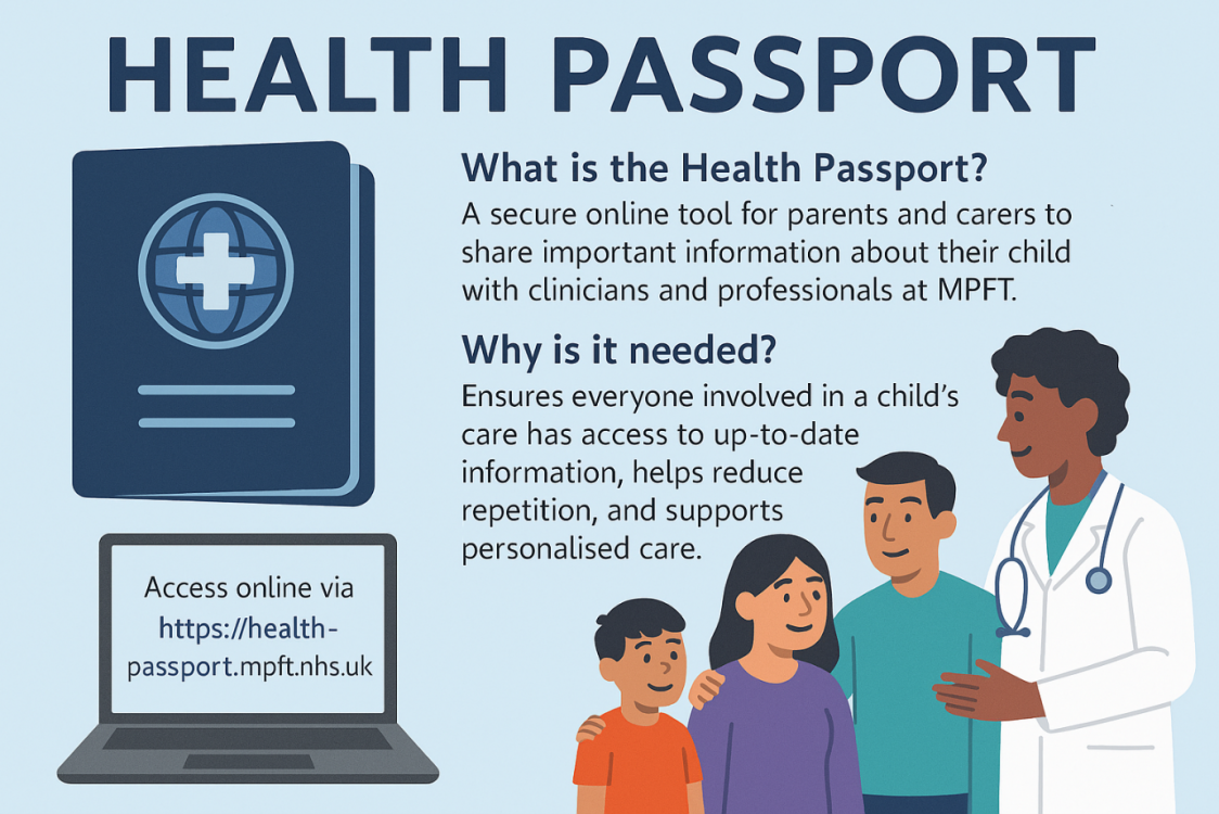 A light blue background and text which reads 'Health Passport'. Cartoon image of a passport and a computer are on the left. On the right, are the sections below on what Health Passport is and why it is needed.