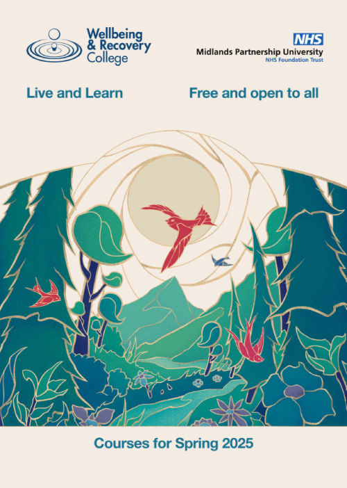 Image shows the front cover of the Wellbeing and Recovery College's Spring prospectus.