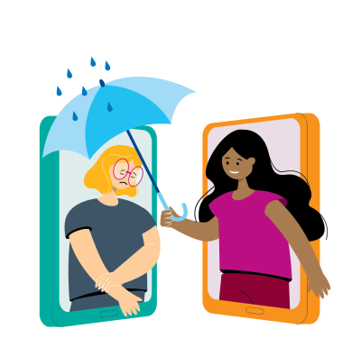 Generated image of two women leaning outside of mobile phones. One holds an umberella over the other's head which has a rain cloud above it.