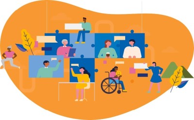 Illustration of diverse group of people with empty speech bubbles against an orange background.