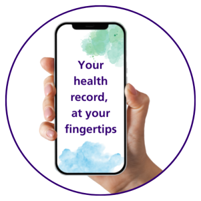 A hand holds a smartphone which on the screen reads 'Your health record, at your fingertips'