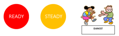 A red circle containing the word 'ready', a yellow circle containing the word 'steady' and a cartoon of children dancing.