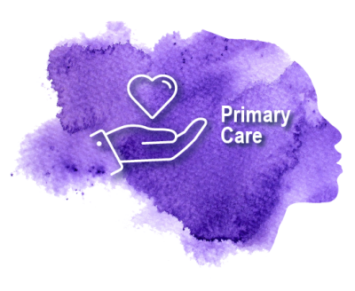 Graphic with a purple watercolour effect and a face profile on one side. Text ‘Primary Care’ is overlaid, with an icon of a hand holding a heart