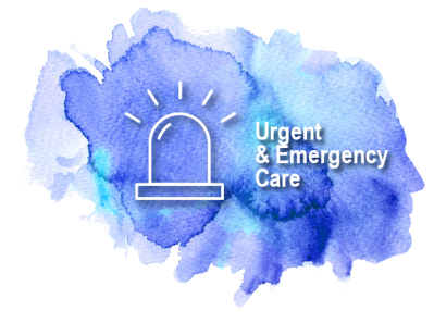 Graphic with a blue watercolour effect and a face profile on one side. Text ‘Urgent & Emergency Care’ is overlaid, with an icon of a flashing emergency light