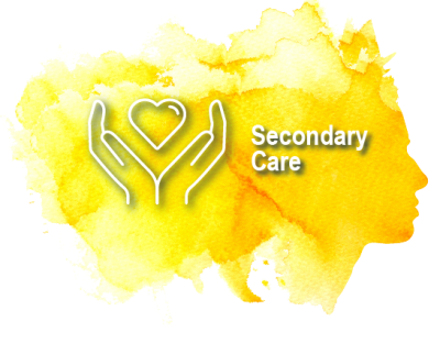 Graphic with a yellow watercolour effect and a face profile on one side. Text ‘Secondary Care’ is overlaid, with an icon of two hands holding a heart