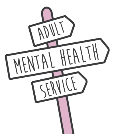 A generated image of a signpost which points to the right and text reads 'Adult Mental Health Service'