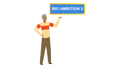 A cartoon character holding a sign saying Big Ambition 3