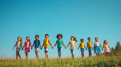 A row of children standing in a line holding hands.